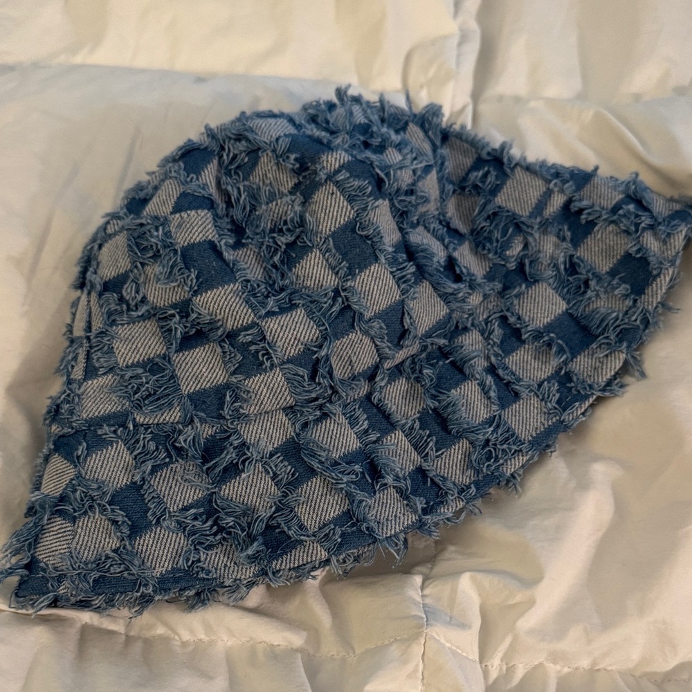 Frayed Check Denim Bucket Hat - Blue